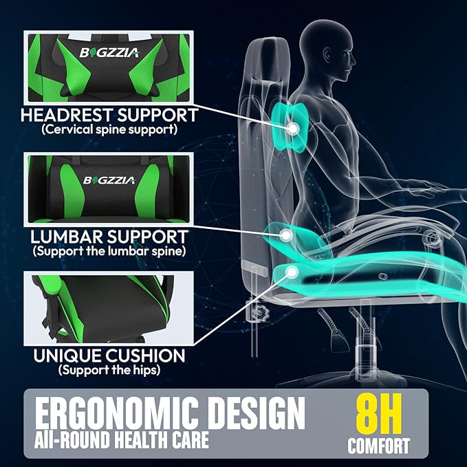Bigzzia Gaming Chair with Heated Cushion Ergonomic Video Game Chairs with Pillow and Lumbar Support Racing Style Height Adjustable Computer Chair with 360°-Swivel Seat for Adults (Green)