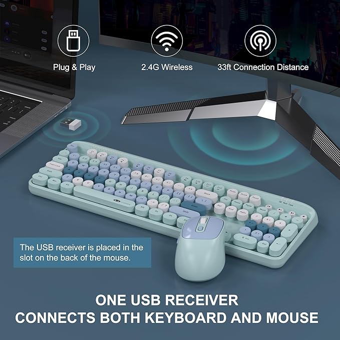 MageGee Wireless Keyboard and Mouse Combo Round keycaps Retro Typewriter Keyboard 104 Key Full-Sized Keyboard Automatic Power Saving 2.4GHz Wireless Connection for Mac/Windows/PC