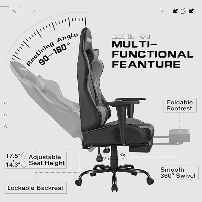 Homall Gaming Chairs Computer Chair with Footrest and Massage Lumbar Support Height Adjustable Game Chair with Headrest and Swivel Seat (Light Grey)