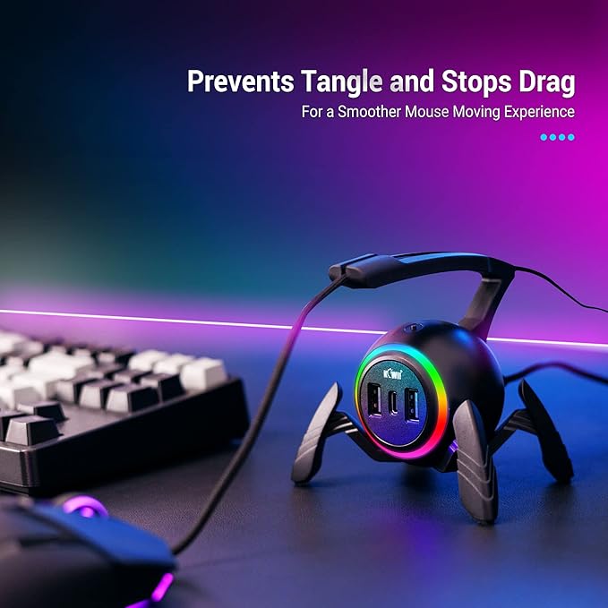 KIWIFOTOS Mouse Bungee RGB Gaming Mouse Cord Holder Controller Upgraded Flexible Cable Management Smart RGB LED Lights 2 Port USB Hub &amp 1 Type-C Spider Mouse Wire Holder