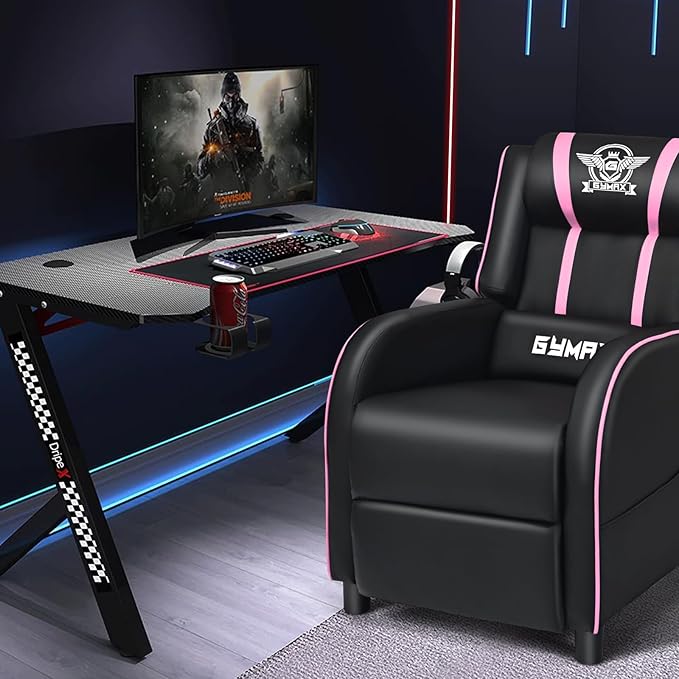 GYMAX Gaming Recliner Massage Gaming Chair w/Adjustable Footrest Remote Control &amp Side Pocket Ergonomic Game Lounge Chair Racing Style Single Theater Seat Game Sofa for Adults (Pink)