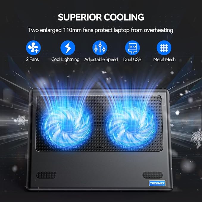 TECKNET Laptop Cooling Pad - 12-15.6 Laptops Cooler Powerful Cooler and Ultra Quiet for Gaming Laptops Pad 2 Wind Speed Adjustable USB A &amp C Powered Cooler Stand with Laptop Fan LED (Blue)