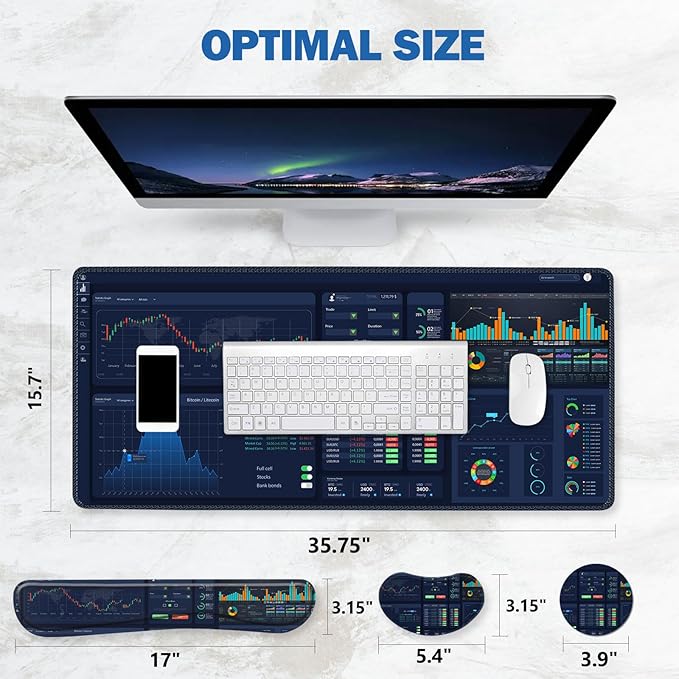 ToLuLu Extended Gaming Mouse Pad Memory Foam Ergonomic Keyboard Mouse Wrist Rest Support Set Large Desk Mat with Stitched Edges Non-Slip Base Mousepad for Home Office and Game Stock Market