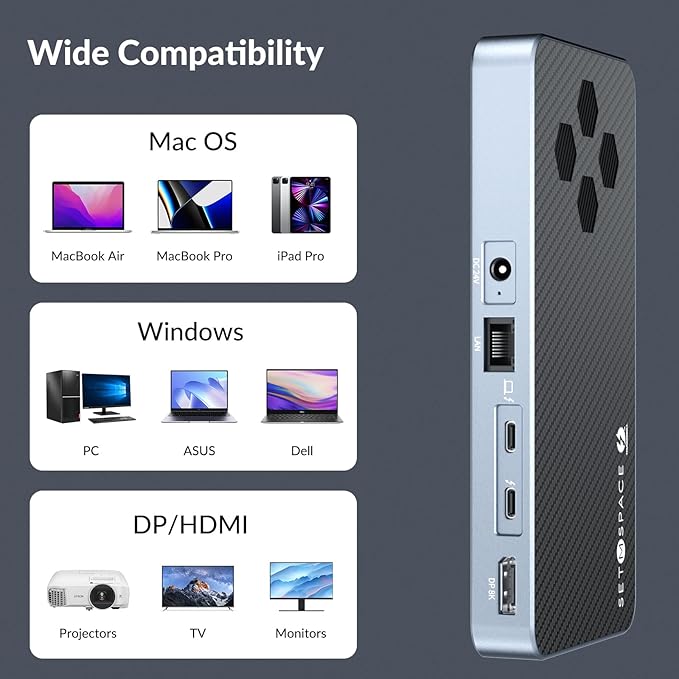 10 in 1 Docking Station with Thunderbolt 3 Port 2X USB 3.1 Gen1 2X USB 3.1 Gen2 PD 60W 8K@60Hz DP 3.5 Audio/Mic Ethernet 120W DC in NVMe and SATA M.2 SSD Enclosure