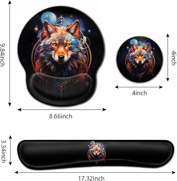 Ergonomic Gaming Mouse Pad Wrist Support and Memory Foam Keyboard Wrist Rest with Anti-Slip Base for Home Office Computer Desk Pad Gel Black Mouse Pad Easy Typing Cool Nebula Wolf Anime Desk Mat