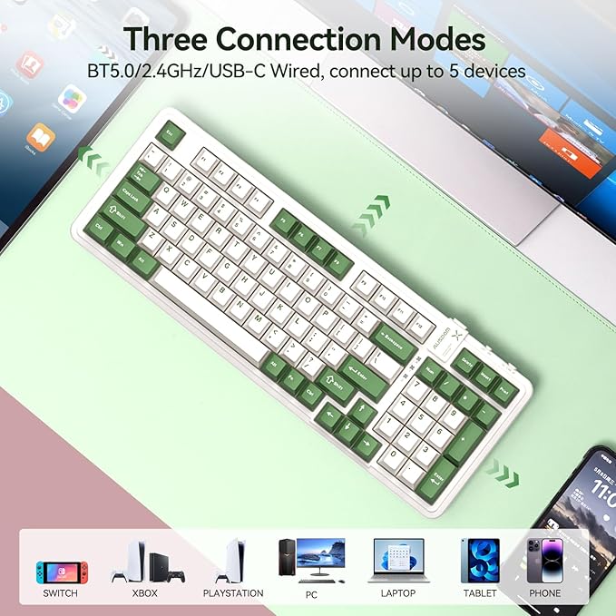 AUSDOM 98Pro Silent Mechanical Keyboard Wireless Hot Swappable Gaming Keyboard with BacklitGasket StructurePre-lubed Tactile Switches2.4GHz/Type-C/Bluetooth Custom Keyboards (Green &amp White-Sil