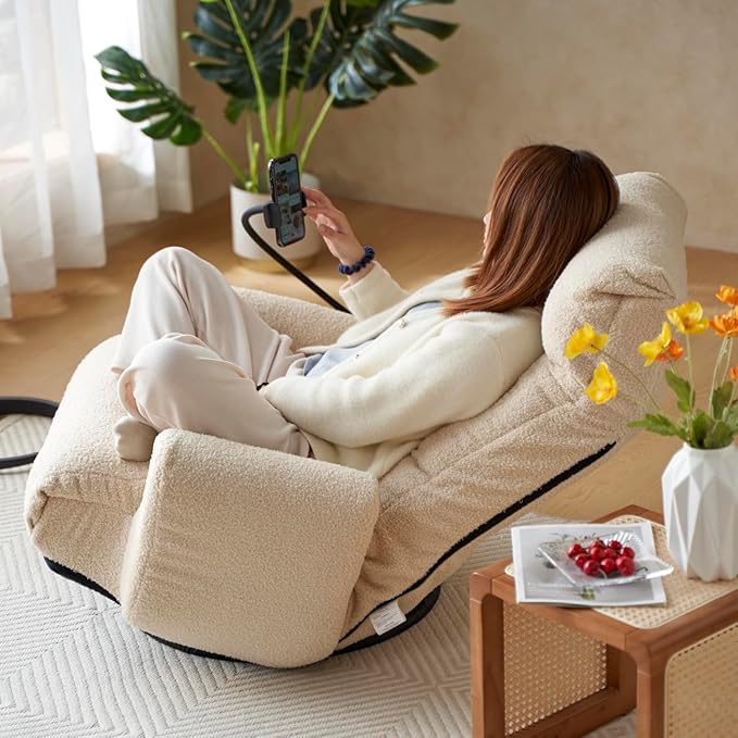 360 Degree Swivel Floor Chair with Adjustable Headrest &amp Backrest Folding Floor Gaming Chair with Phone Holder &amp Built-in Spring Seat Bag for Home Office 5 Adjustable Position Beige