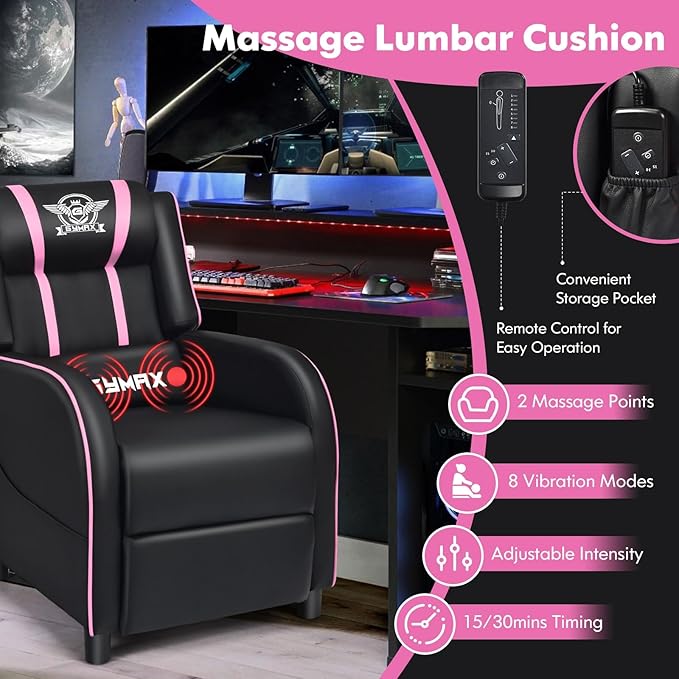 GYMAX Gaming Recliner Massage Gaming Chair w/Adjustable Footrest Remote Control &amp Side Pocket Ergonomic Game Lounge Chair Racing Style Single Theater Seat Game Sofa for Adults (Pink)