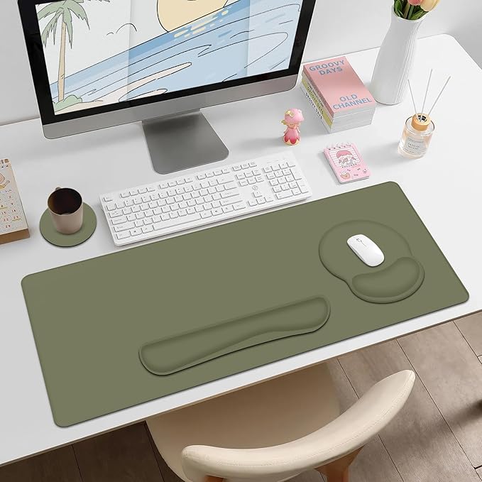 4 PCS Mouse Pad Desk Mat Protector Keyboard Wrist Rest + Comfortable Mouse Pad Wrist Rest +Coaster Large Gaming Mousepad for Computer Laptop 35.4X 15.7 Deskpad for Office Home I Olive Green