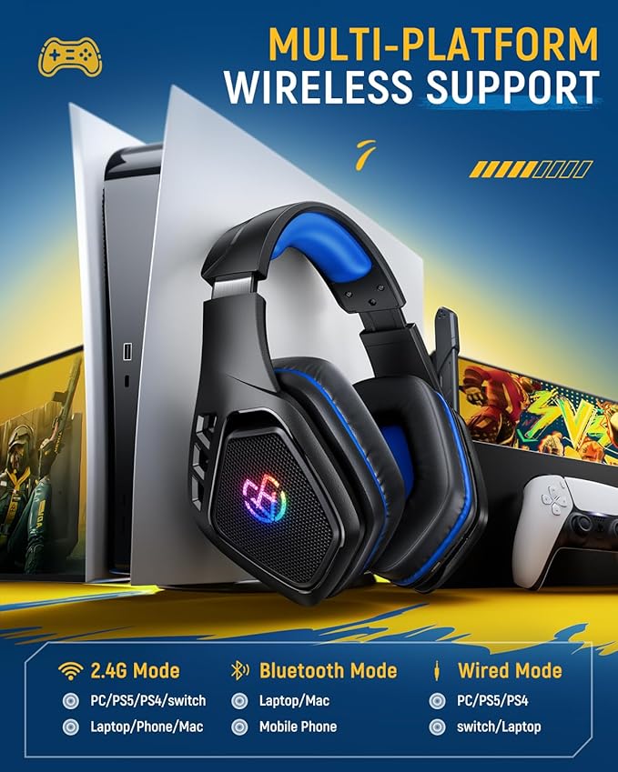 Tatybo Wireless Gaming Headset for PC Ps5 Ps4 2.4 Ghz USB &amp Type-C Gaming Headphones with Microphone 30H Battery Bluetooth Headphones for Switch Laptop Mobile Mac (Black Blue)