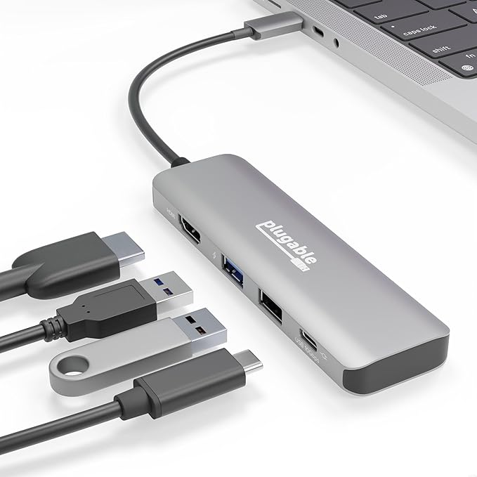 Plugable USB C Hub Multiport Adapter 4 in 1 100W Pass Through Charging USB C to HDMI 4K 60Hz Multi USB Port Hub for Windows Mac Ipad Pro Chromebook Thunderbolt (USBC-4IN1)