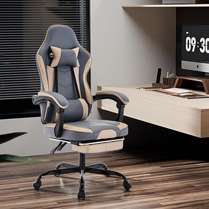 Gaming Chair Ergonomic Computer Chair with High Back Office Computer Chair with Footrest and Massage Lumbar Support Height Adjustable Swivel Video Game Chair (Beige Blue)