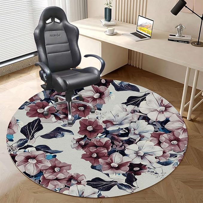 Red Pink Black White PU Leather Office Chair Mat for Hardwood Floor Purple Morning Glory Flowers Round Floor Mats for Office Chair Desk Chair Anti Slip Floor Protector for Rolling Chair Diameter 55 in