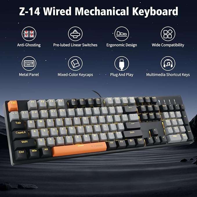 E-YOOSO Z-14 Wired Mechanical Gaming Keyboard 104 Key Red Switch Hot Swappable Full-Size Office Work Computer Keyboards Solid Yellow Backlit Mechanical Keyboard for PC Mac Black