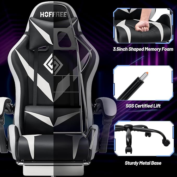 HOFFREE Gaming Chair with LED RGB Lights Massage Ergonomic Video Game Chairs with Footrest High Back Reclining Computer Chair with Adjustable Lumbar Support White and Black
