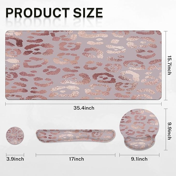 Arttown Leopard Rose Gold Pink Desk Mat Animal Skin Mouse Pad Set with Wrist Support 4-in-1 Large Mousepad+Keyboard Wrist Rest+Mouse Wrist Rest+Coaster with Ergonomic Design Non-Slip Mat