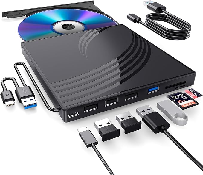 External CD/DVD Drive for Laptop Ultra Slim CD Burner USB 3.0 Hub with 4 USB Ports 2 TF/SD Card Slots1 Type-C PortDVD Player for Laptop Compatible with mac OS/Windows/Linux (Black)