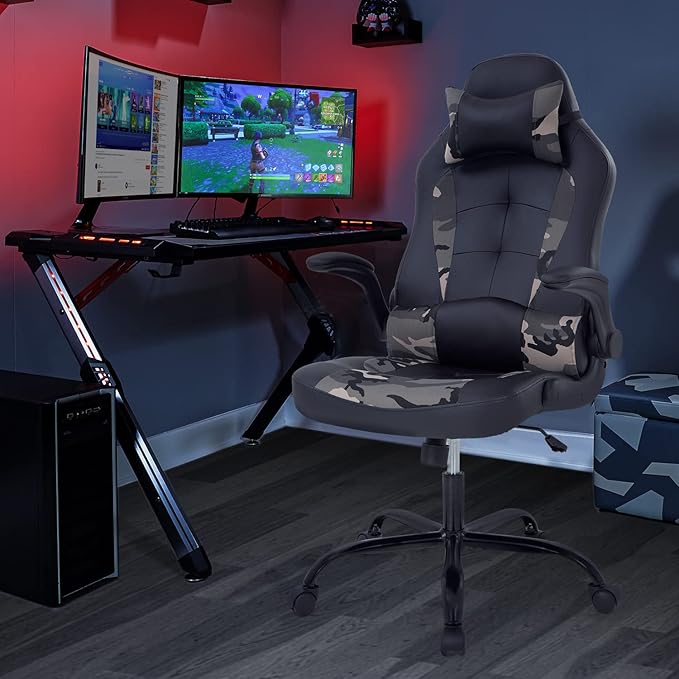 Gaming Chairs for Adults PU Leather Swivel Rolling Adjustable Game Chair with Lumbar Support Flip Up Arms Headrest for Adults Women Men Video Game Chairs Ergonomic Gaming Chair