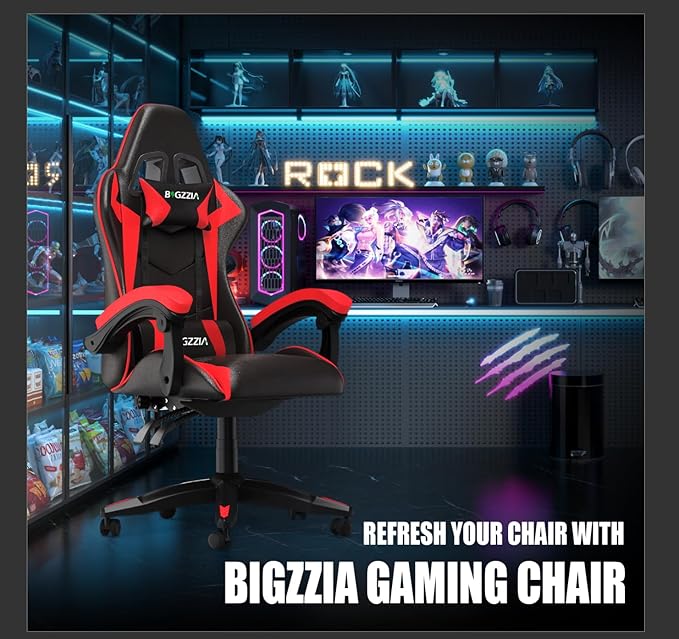 Bigzzia Gaming Chair Computer Game Chair with Lumbar Support Comfortable Video Game Chairs for Adults Kids Racing Style Gamer Chair with 360°-Swivel Seat and Headrest （Red）
