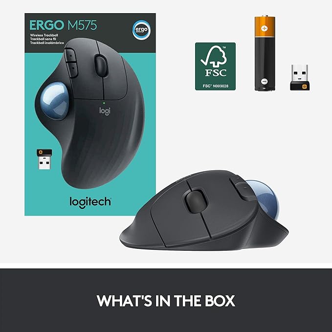 Logitech Ergo M575 Wireless Trackball Mouse Easy Thumb Control Precision and Smooth Tracking Ergonomic Comfort Design Windows/Mac Bluetooth USB - Graphite (Renewed)