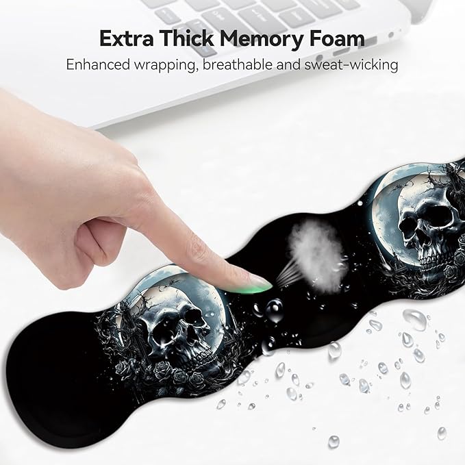 Mouse Wrist Rest and Keyboard Wrist Rest Pad+ Coaster Set Non-Slip Rubber Base Smooth Surface Ergonomic Gaming Mouse Pad for Easy Typing and Pain Relief Skull Rose Under The Moon