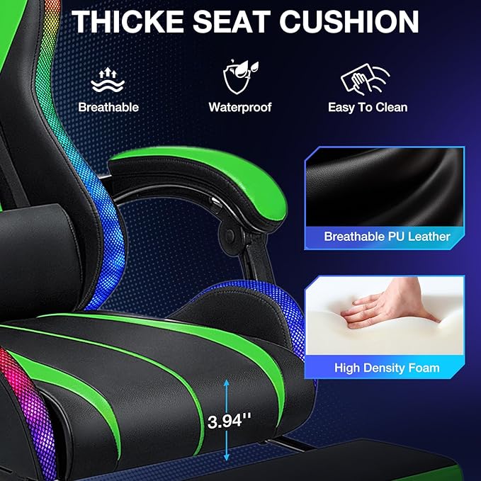 Gaming Chair Massage with LED RGB Lights and Footrest Ergonomic Computer Chair High Back Video Game Chair with Adjustable Lumbar Support Linkage Armrest Green and Black