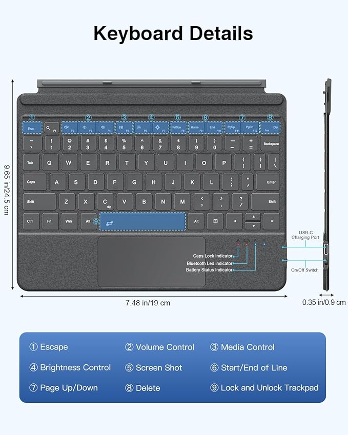 MoKo Microsoft Surface Go Type Cover Lightweight Ultra-Slim Wireless Bluetooth Keyboard with Micro-USB Charging Cable and Built-in Rechargeable Battery for Surface Go 10 2018 Tablet - Black