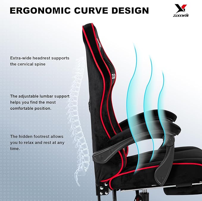 Gaming Chair with Footrest Ergonomic Computer Chair with Headrest &amp Lumbar Support Skin-Friendly Velvet Adjustable Height &amp Backrest Linked Armrest for Gamer Home Adults Office RestRed