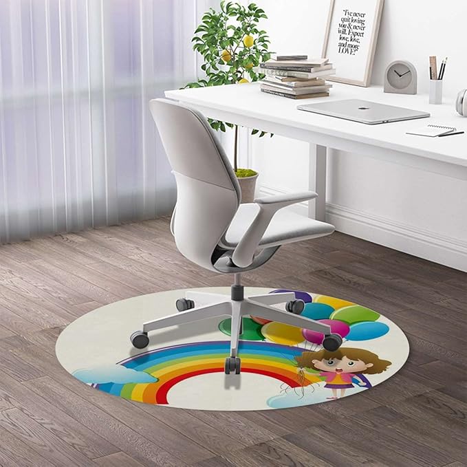 Multi PU Leather Office Chair MatComputer Gaming Desk Chair Mat Rainbow Sky with Balloons Colors Romantic Gaming Computer Chair Mat for Home Office Gaming Room Cartoon Diameter 35.4 in