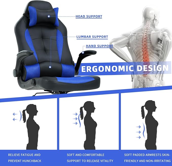 Big Tall Gaming Chair - Ergonomic Office Chair with Height Adjustable Tiltable Lumbar Support Blue