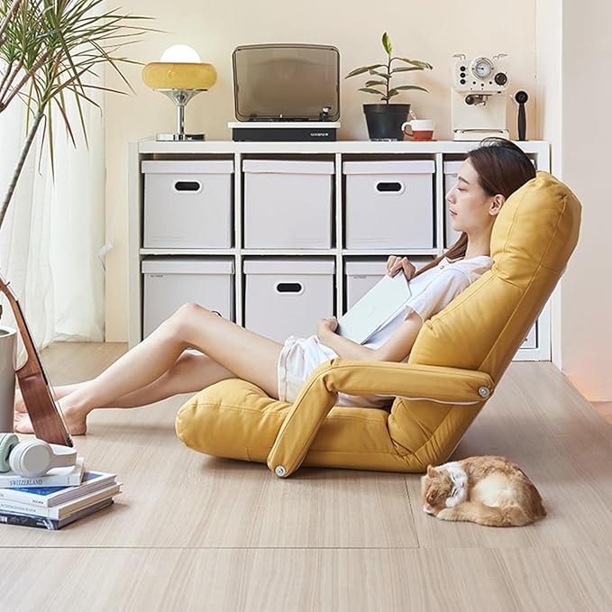 Floor Chair Foldable Floor Chair Lazy Sofa Meditation Chair Window Chair Gaming Floor Chair with Adjustable Armrests Foldable Floor Game Chair Floor Chair for Living Room Bedroom (/Beige)