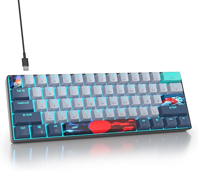 surmen 60% Wired Mechanical Gaming Keyboard 61 Keys Backlit Ultra-Compact Mini Office Keyboard 60 Percent with Linear Red Switch for PC/Mac Gamer Typist (61 Shark)