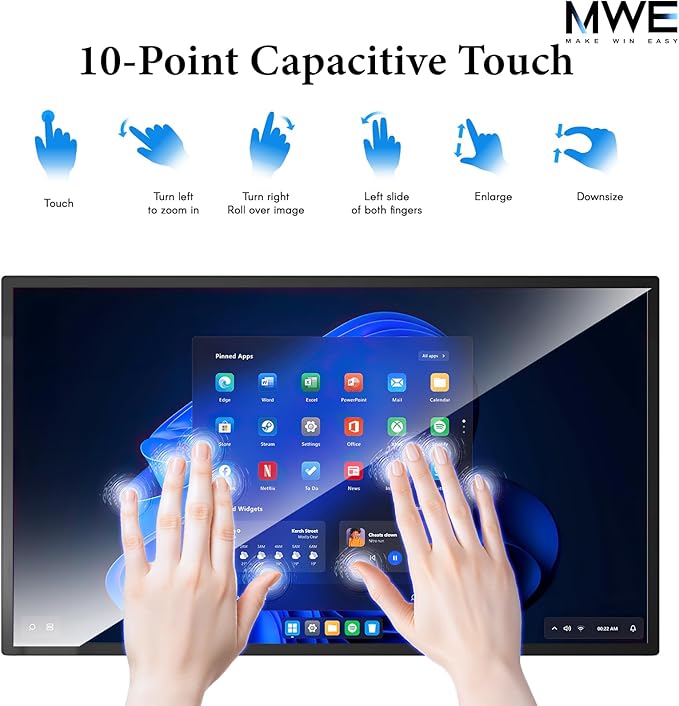 MWE 21.5 inch Wall Mount Digital Signage FHD Touchscreen Monitor Android 14 Multi-Touch Screen Smart Split Commercial Advertising Display Time Switch CMS Management HD-MI/ USB/ WiFi/ for Windows