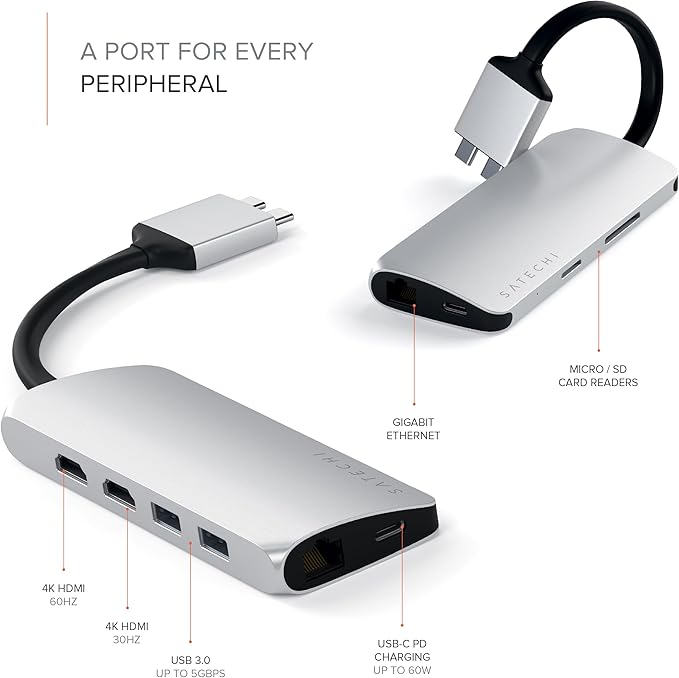 Satechi Type-C Dual Multimedia Adapter with Dual 4K HDMI USB-C PD Gigabit Ethernet Micro/SD Card Readers USB 3.0 - for M2/ M1 MacBook Pro/Max - Silver