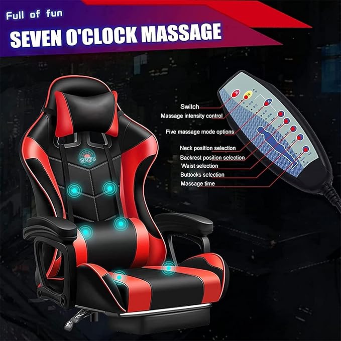 Video Game Chair with Speakers and RGB Lights Massage Ergonomic Computer Gaming Chair with Footrest and Lumbar Support 90°-135° Tilt Rocking Chair Gaming Chairs for AdultsWhite