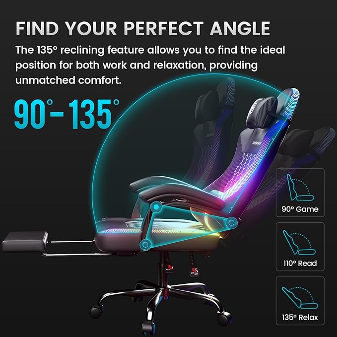 GTPLAYER RGB Gaming Chair with Footrest Massage LED Lights Lumbar Support - Ergonomic Computer Chair with Linkage Armrest Video Game Chairs PC Game Chairs for Adults