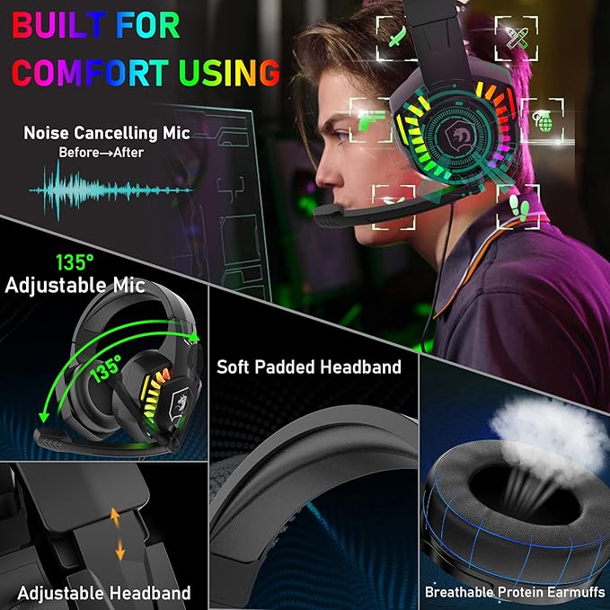 Wired Gaming Keyboard and Mouse Headset ComboRainbow LED Backlit Wired KeyboardOver Ear Headphone with MicRainbow Backlit Gaming MiceMouse Padfor PCLaptopMacPS4Xbox(White)