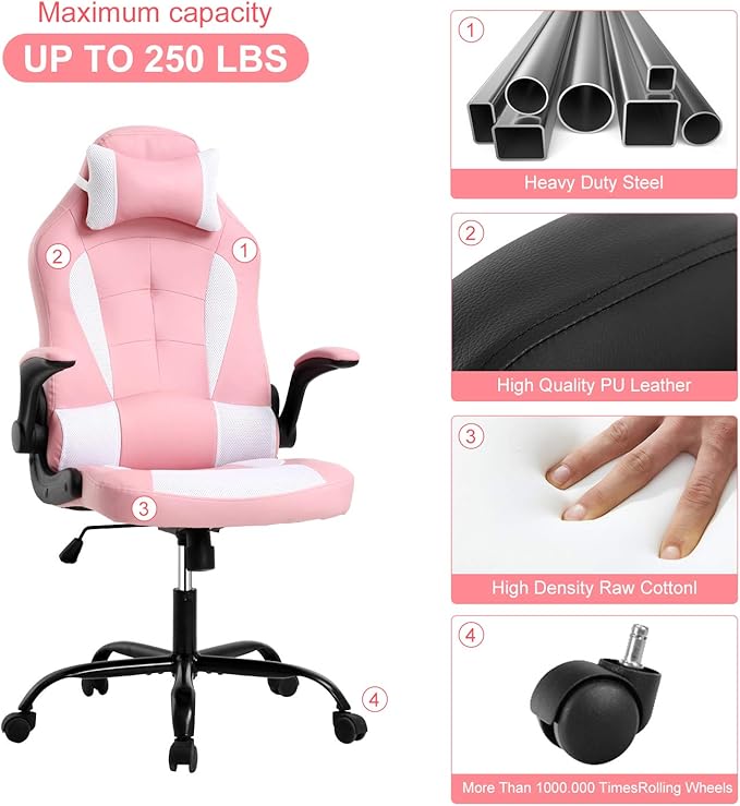Meet perfect Pink Gaming Chair for Adults Ergonomic Computer Chair w/Flip Up Armrest and Lumbar Support Adjustable Office Gamer Chair with 360° Swivel Seat and Headrest 250lb Capacity