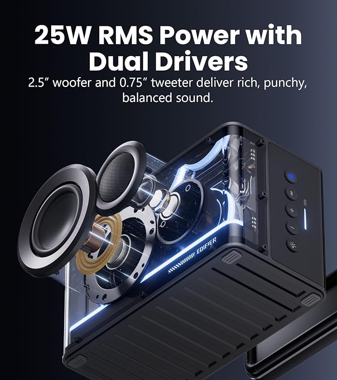 Edifier QD25 Bluetooth Speaker | Portable Desktop Audio 25W (RMS) Dynamic Sound Hi-Res Audio Splendid Light Effects 15H Playtime Bluetooth 6.0 Wireless Stereo Pairing Black