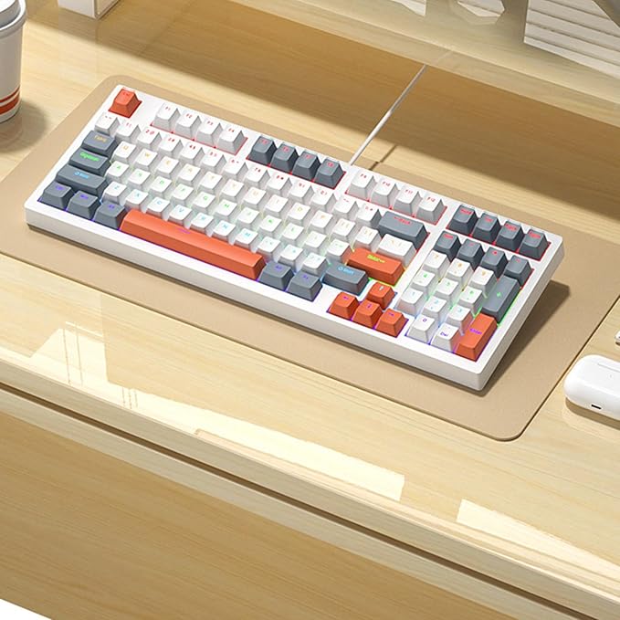 Small 98Keys Mechanical Gaming Keyboard with LED Backlights Ergonomic Keyboard for PC Gamers Office Wire Keyboard