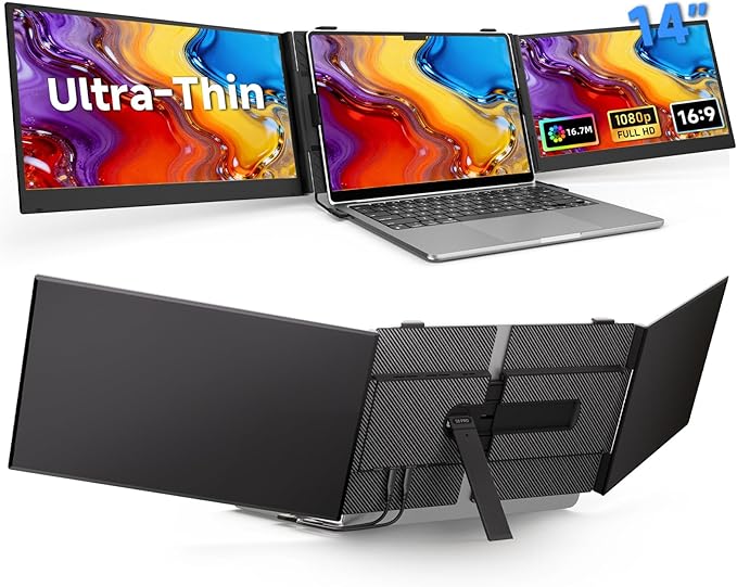Laptop Screen Extender Monitor - Triple 14 Ultra Thin IPS FHD 1080P Portable Monitors for 13.3-17 Laptops Compatible with Windows Mac Travel Work