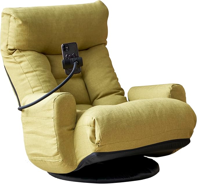 Yoglad Japanese Style Chaise Lounge Sofa with Phone Holder 360-Degree Swivel Chair Floor Gaming Chair Lazy Sofa for Reading Game Meditating 3 Adjustable Positions (Linen Lime Green)
