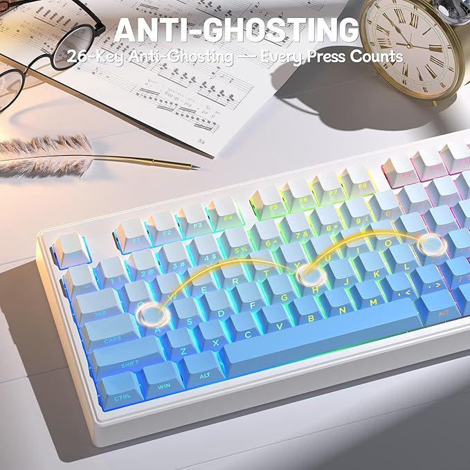 M87V2 87 Keys Membrane Gaming Wireless Keyboard80% TKL Layout Side Printed Keys Retro Cute CreamyRGB Backlit 4000mAh 2.4G/BT/Wired Computer Silent Keyboard for MAC PC- Gradient Blue