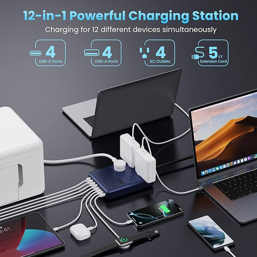 12-in-1 Charging Station USB C Power Strip with 5ft Cord200W GaN IV USB C Charger Block4 AC Outlets8 USB for MacBookiPhone 16/15/14Fast Charging Desktop Charger for Office (A-Blue)