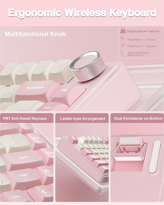 AULA F75 75% Wireless Mechanical Keyboard Hot Swappable Pink Creamy Keyboard Pre-lubed Linear Switches PBT Keycaps 2.4GHz/Type-C/BT5.0 RGB Backlit Computer Gaming Keyboards for Office/Laptop/PC