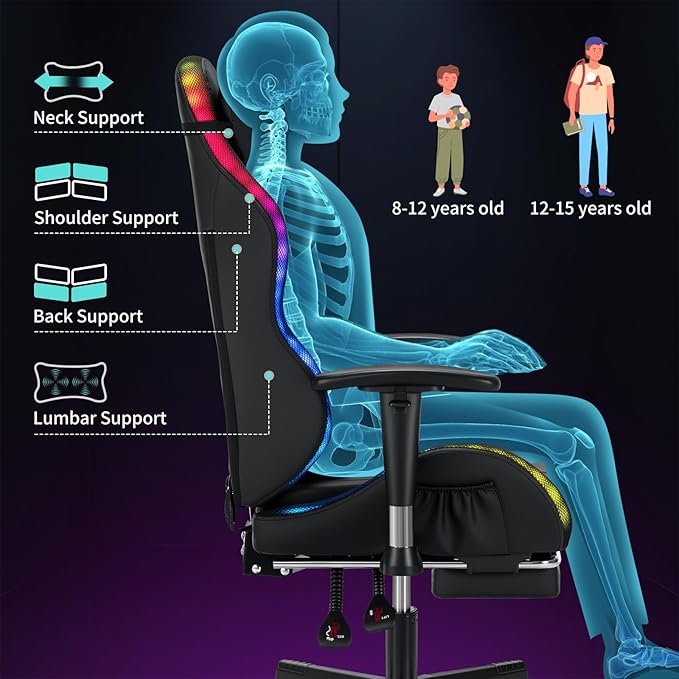 HOFFREE RGB LED Gaming Chair for Kids Reclining Gaming Chairs for Teens 8-15 Computer Chair with RGB Lights Kids PC Game Chair with Footrest and Lumbar Support Video Game Chairs Black