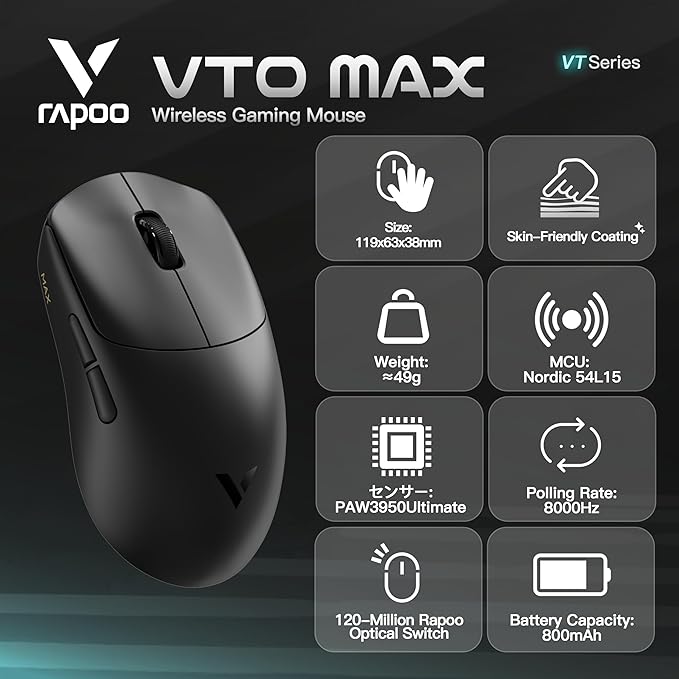 Rapoo VT MAX Lightweight Wireless Gaming Mouse PAW3950 Ultimate Sensor750H Battery Life 8K Polling 45K DPI Dual-Mode 2.4G/USB-C Esports Grade Performance Mouse for PC/Mac (VT0 MAX Black)