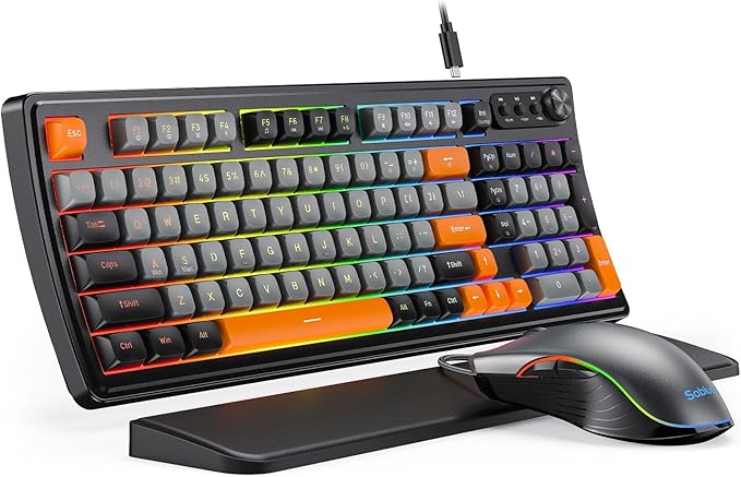 SABLUTE Gaming Keyboard and Mouse Quiet Membrane Keyboard with RGB Backlit Mechanical Feel PC Gaming Keyboards Multimedia Knob Anti-Ghosting Ergonomic Wrist Rest &amp 3200 DPI Mouse for Gamer/Off