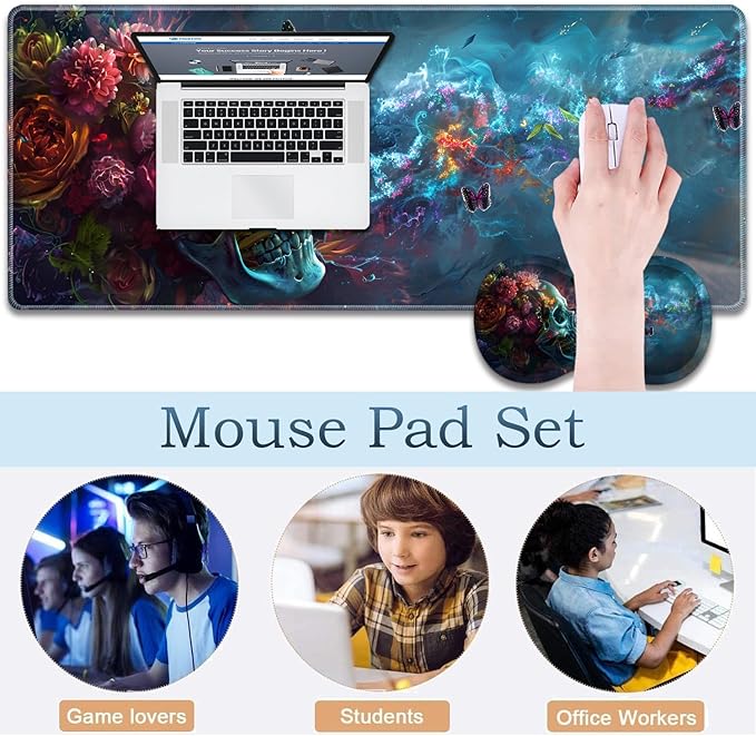 Large Gaming Mouse Pad + Wrist Rest + Lace Coaster Non-Slip Set with Sewn Edges and Waterproof Expandable Desktop Pad Suitable for Office/Home Butterfly and Skull Flowers
