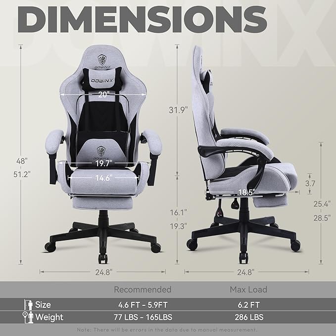 Dowinx Gaming Chair Fabric with Pocket Spring Cushion Massage Game Chair Cloth with Headrest Ergonomic Computer Chair with Footrest 290LBS Black and Grey